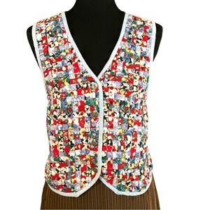 Vintage Paul Harris Design Basket Weave Floral Quilt Blue Tie Back Vest Small
